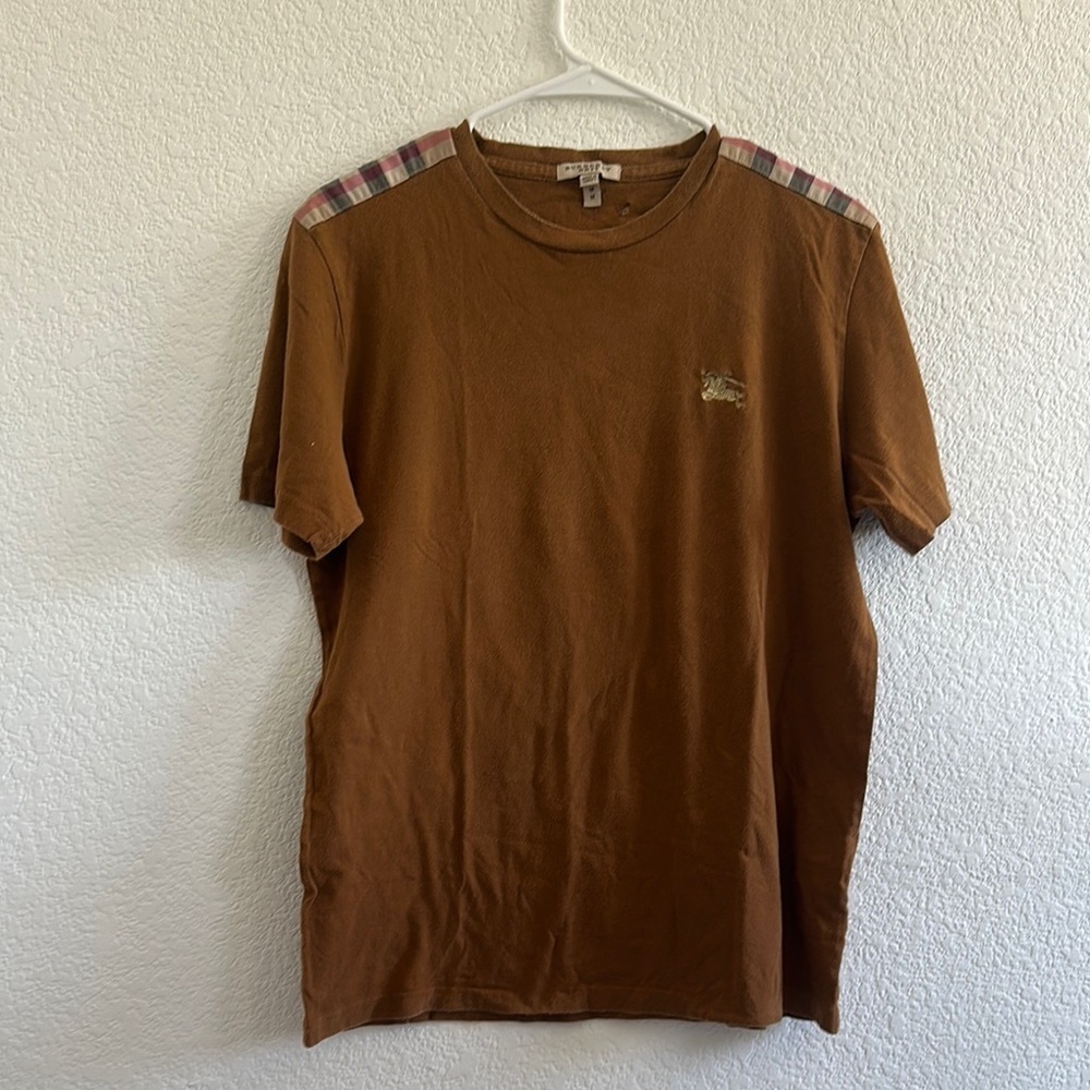 Burberry Brown Short Sleeve Tee with Plaid Shoulder Accents